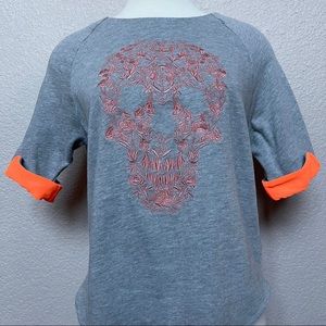 NEW Grey Skull Top w/ Embroidery/Neon Orange Cuffs
